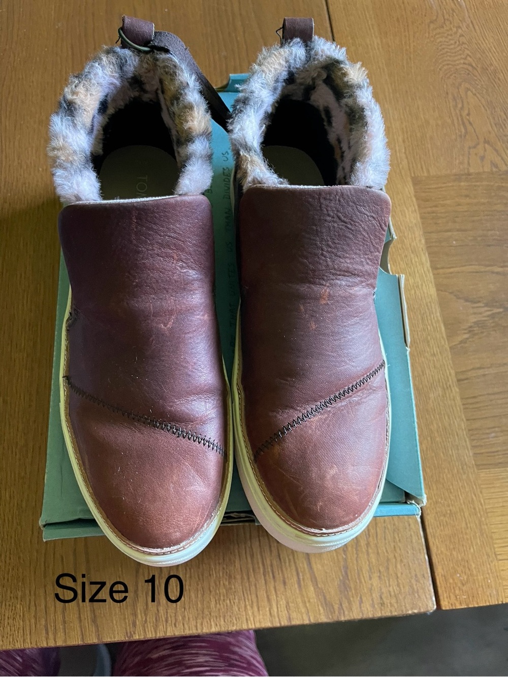 Toms Women's Chestnut Brown Leather Slip-On Booties with Faux Fur Collar